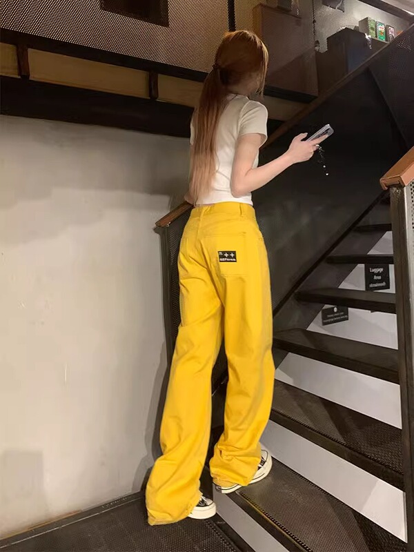 黄色阔腿牛仔裤女随性自由刺绣标街头高腰显瘦宽松垂感直筒拖地裤|undefined