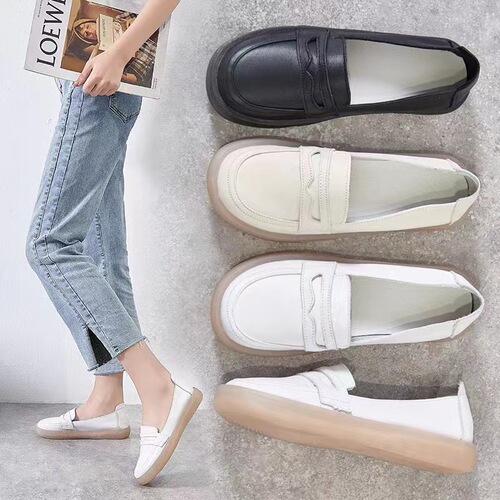 2024 New Spring Top Layer Cowhide Women's Shoes White Shoes Single Shoes Loafers Women's Flat Heel Round Toe Versatile Slip-On
