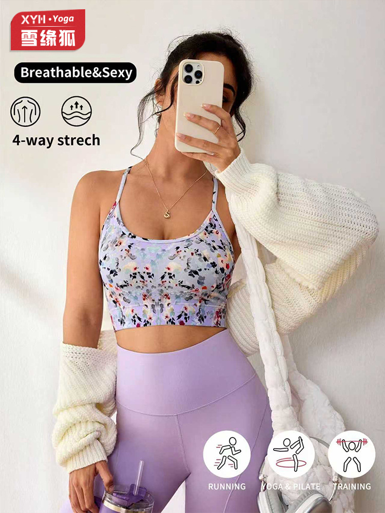 Primavera y verano nuevo cruzado correa de hombro flor impresión diaria sujetador de fitness mujer reuniendo belleza ropa interior chaleco de yoga
