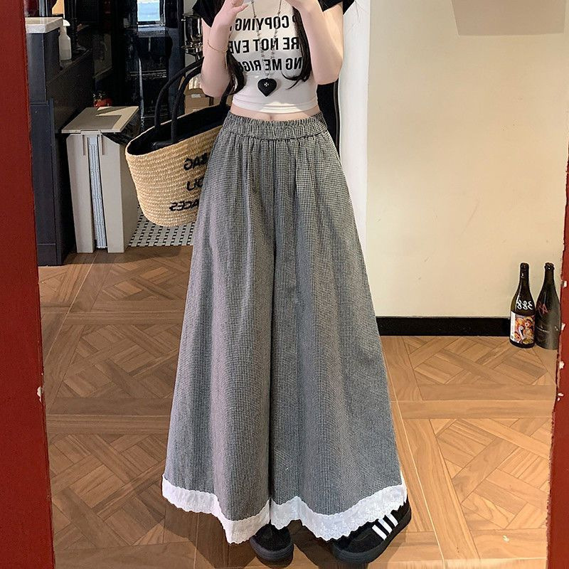 格子裙裤女蕾丝花边阔腿裤夏季宽松高腰垂坠感休闲裤小个子直筒裤|undefined