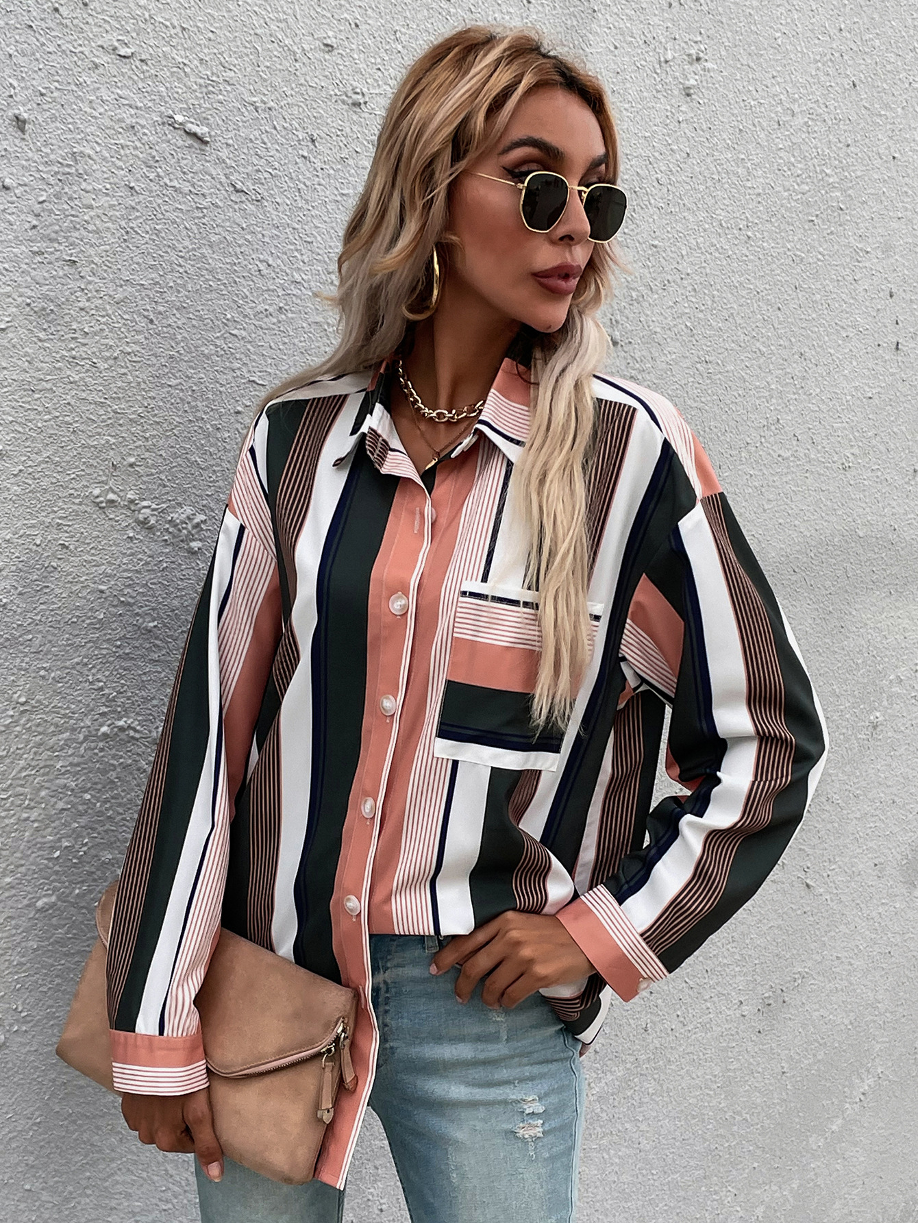 women s loose striped long-sleeved shirt nihaostyles clothing wholesale NSJM73344