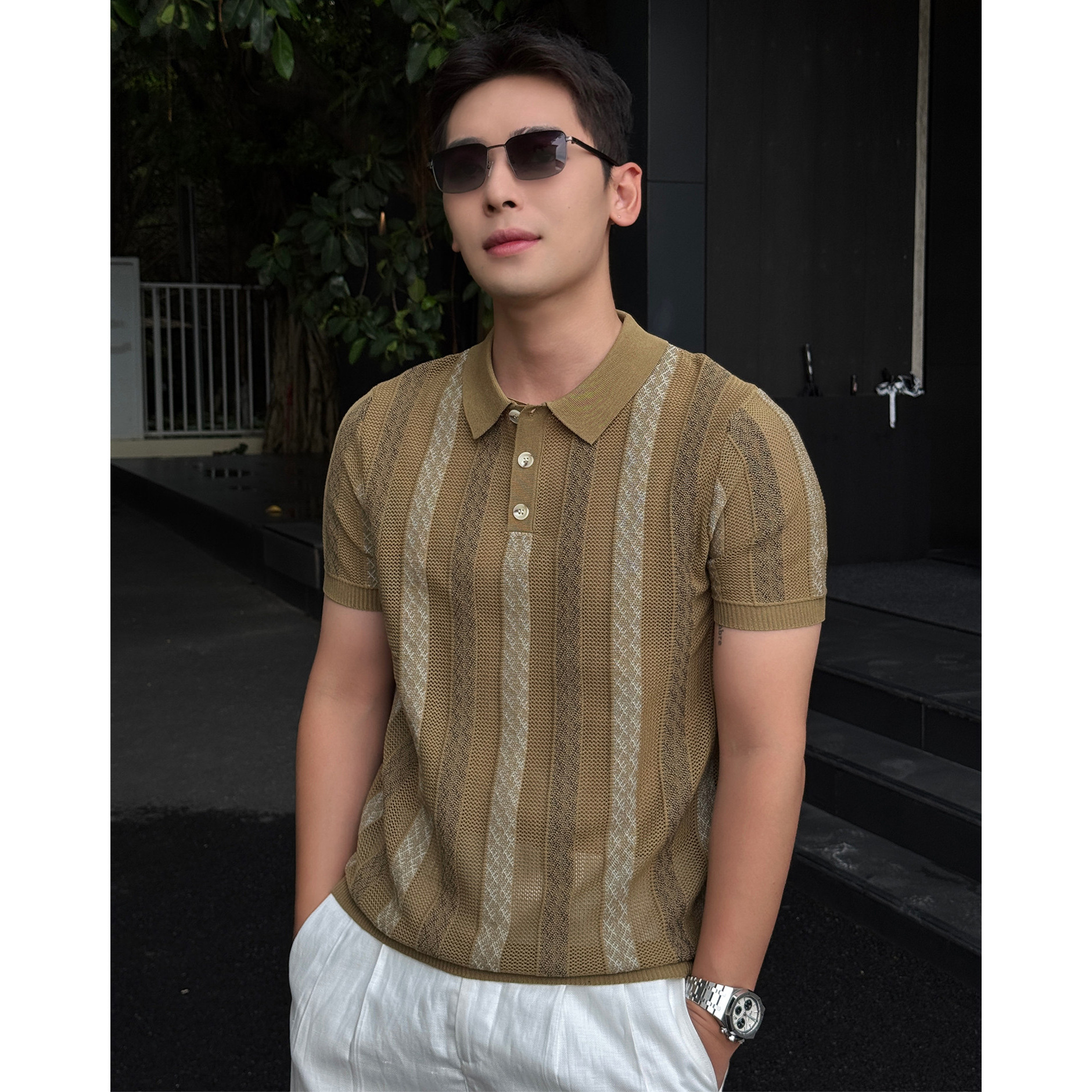 Polo camiseta de punto camiseta de manga corta camiseta de hombre solapa rayas huecas viejos vientos de alto nivel de verano fábrica transfronteriza al por mayor