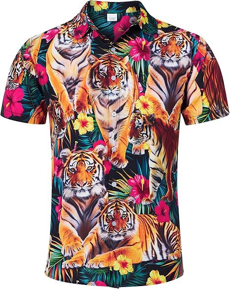 Divertido animal lindo 3D impresión digital hombre calle suelta salvaje manga corta solapa botón camisa hawaiana