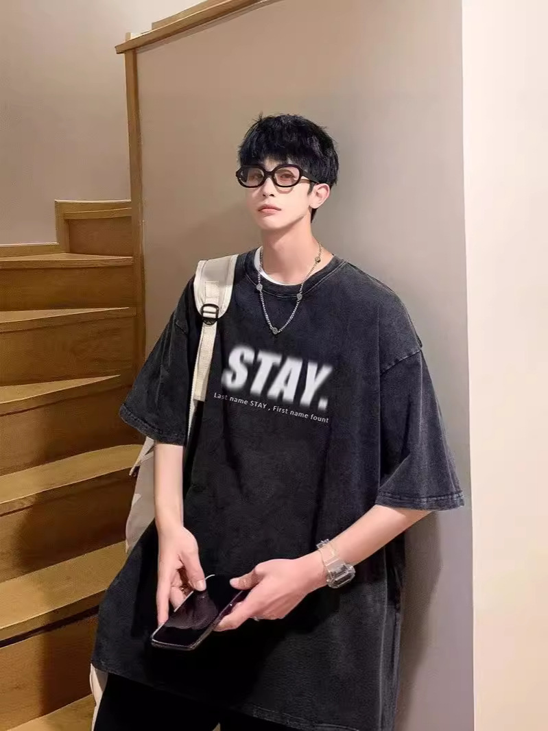 Camiseta de manga corta de algodón puro desgastado lavado retro americano para hombre, camiseta de media manga de marca holgada informal de verano para hombre