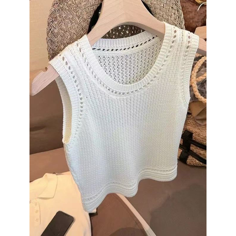 French Round Neck Hollow Sweater Sleeveless Vest for Women Summer New Design Slim and Versatile Short Top for Women
