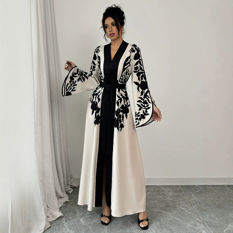 Vintage Print Long Dress for Women, Draped V-Neck with Slit and Waist-Cinching Design, Suitable for Commuting Vintage Print Long Dress for Women, Draped V-Neck with Slit and Waist-Cinching Design, Suitable for Commuting