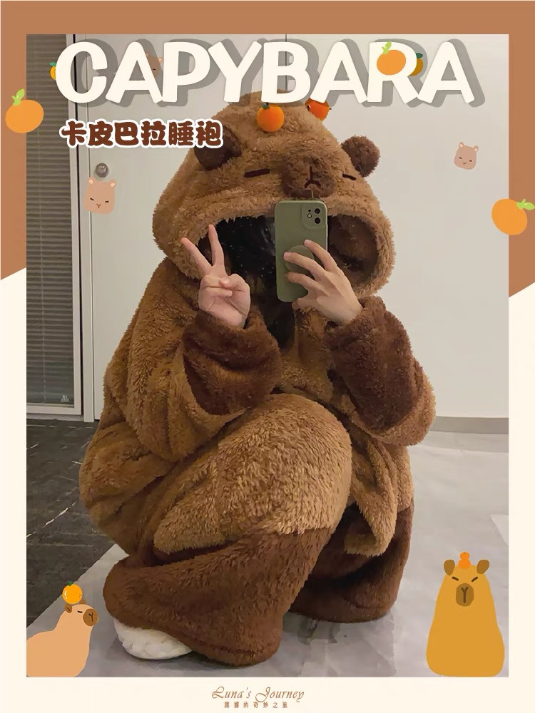 小红书爆款睡衣女冬季卡皮巴拉豚门熊睡袍珊瑚绒连体睡衣长裤套装