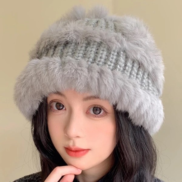 大头围毛线帽子女秋冬仿兔毛针织帽显脸小保暖护耳皮草滑雪包头帽|undefined