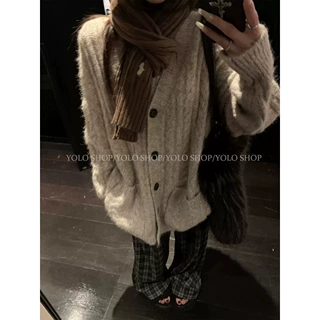 YOLO SHOP 秋日拿铁慵懒松弛感花纱v领针织开衫女秋冬季羊毛外套