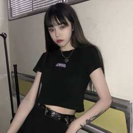 五笔蟹短款t恤女夏韩国高腰短袖t恤女紧身露脐上衣服女装货源批发