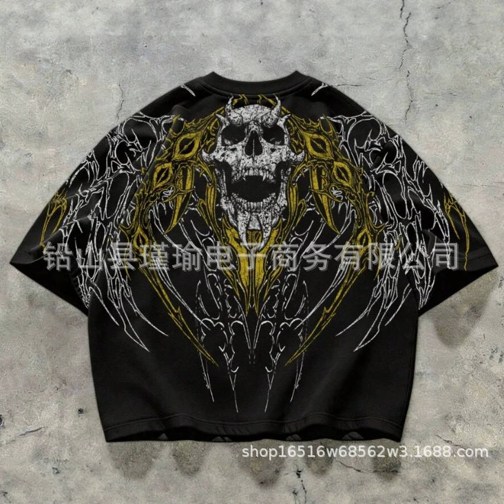 Cross-Border Y2K American Retro Skull Print T-Shirt High Street Oversize Trendy Brand Unisex Top