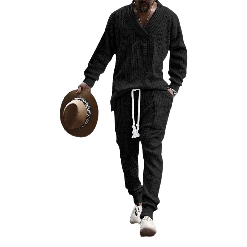 2025 Amazon трансграничные новые европейские и американские мужские повседневные брюки V-образный вырез универсальный жаккардовый трикотаж мужской осенний костюм