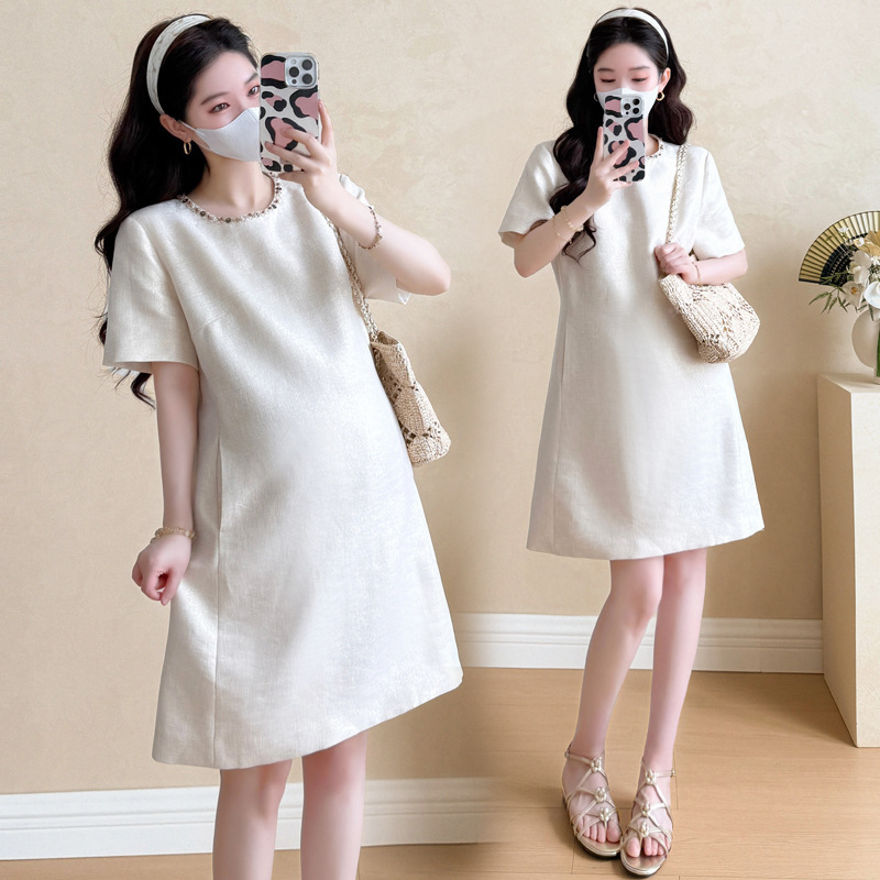 Maternity Wear Beaded Linen Small Fragrance Dress Summer 2025 New Short-Sleeved Heavy-Duty Dress Small Pregnant Women Dress