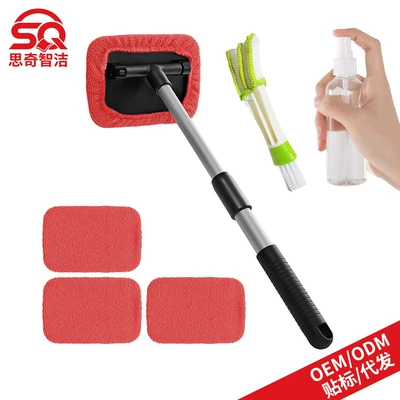 Windshield Defogging Cleaning Brush | Car cleaning tools - 1-square-plate-plastic-piece-4-red-cloth-covers-1-100ml-spray-bottle-1-detail-brush
