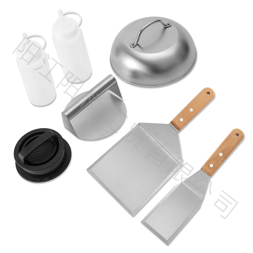 Amazon Hot Sale Set BBQ al aire libre hamburguesas prensado parrilla completa de acero inoxidable mango de madera herramientas de parrilla