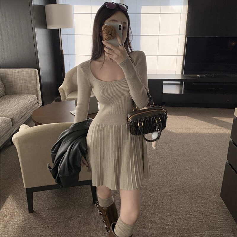 Shuhulei Tea Scented Croissant [Collection] Knitted Dress for Women, Autumn Waist-Cinching Slim-Fit Dress
