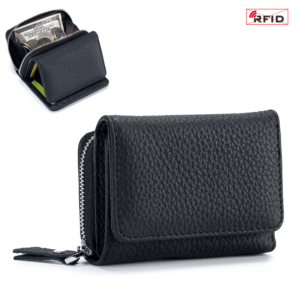 Billetera Plegable con Protección RFID de Cuero Genuino con Bloqueo Antirrobo para Uso Diario