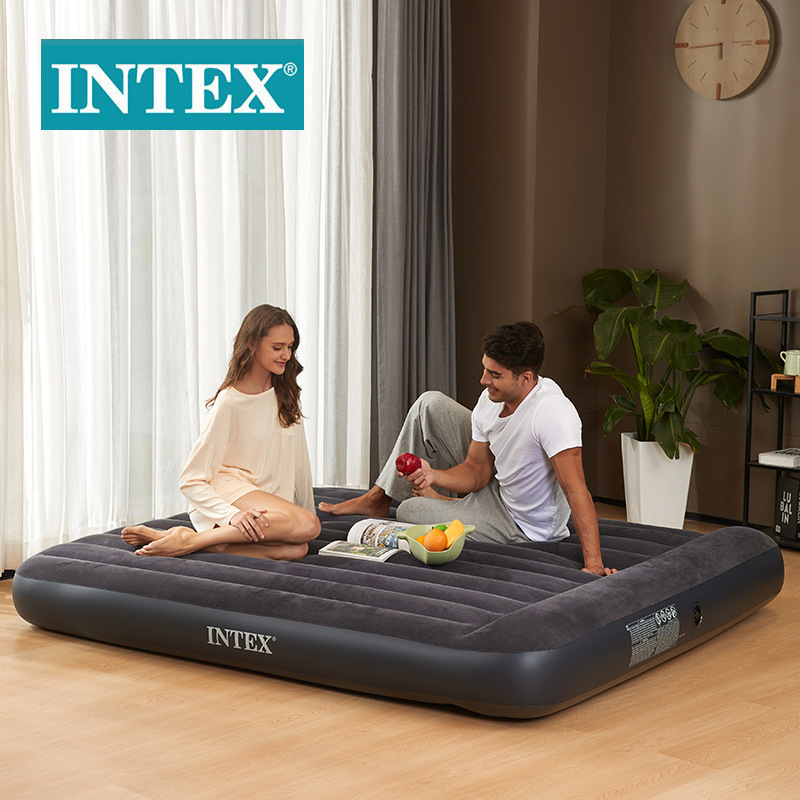 INTEX64144 Black and White built-in pillow single layer extra large line pull air bed flocking camping inflatable mattress