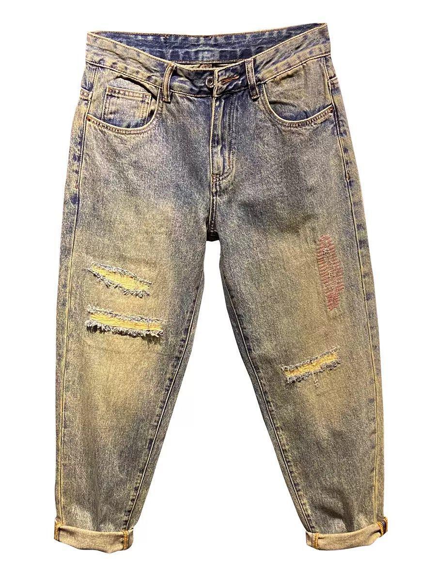 Men's Vintage Distressed Washed Ripped Jeans Loose Fit Slim Straight Leg Trendy American Style Trousers For Spring Autumn_mkmklike.com