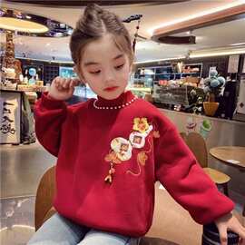 国风卫衣新款儿童加绒加绒卫衣拜年洋气一体女童中国风新年上衣潮