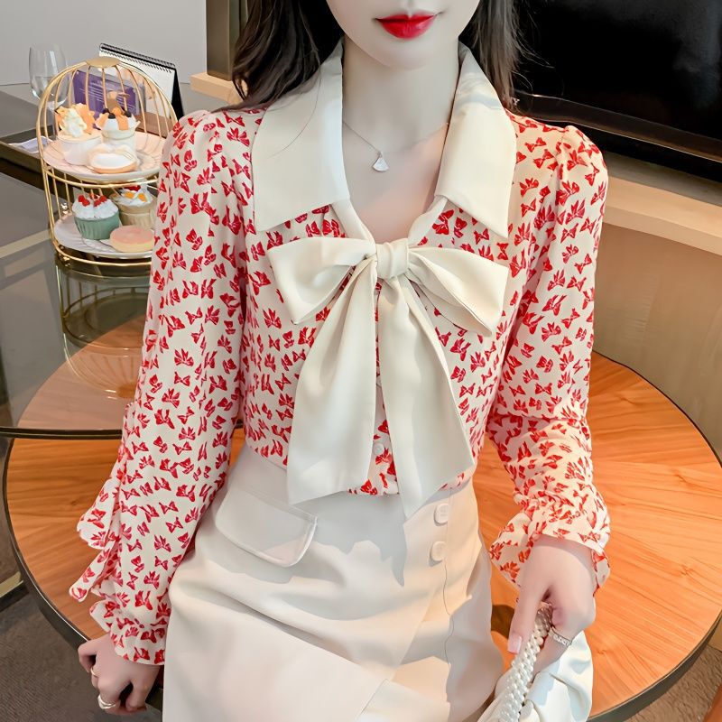 2025 Spring New Long-Sleeved Floral Chiffon Shirt Women's Design Niche French Bow Lapel Top