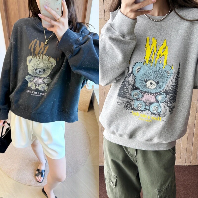 26 New Vintage Bear Print Embossed Round Neck Sweatshirt for Women, Gray Loose Fit Drop Shoulder Cartoon Print Casual Top 26 New Vintage Bear Print Embossed Round Neck Sweatshirt for Women, Gray Loose Fit Drop Shoulder Cartoon Print Casual Top