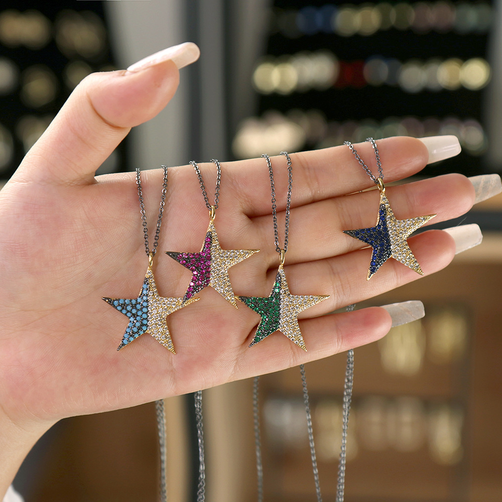 Fashion Micro-Inlaid Colorful Zircon Five-Pointed Star Pendant Necklace