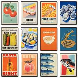 蓝色鱼沙丁鱼牡蛎意大利面食寿司海报印刷墙艺术图片帆布绘画房间