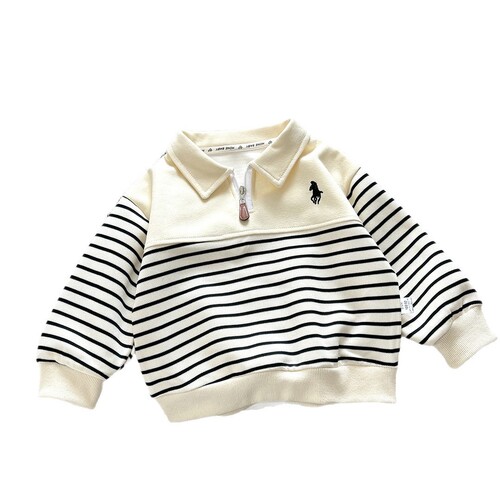Children's Sweatshirt Autumn New Unisex Zip Polo Collar Long Sleeve Striped Patchwork Versatile Top