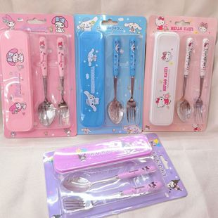 Cute Cartoon Student Portable Children's Tableware Two-Piece Set Stainless Steel Fork Spoon Cutlery Box Set