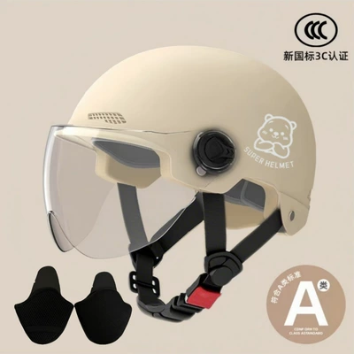 helmet for men and women, Motosiklet kaskı (dəbilqə) - khaki-transparent-short-glasses-silver-white-bear-ear-protection