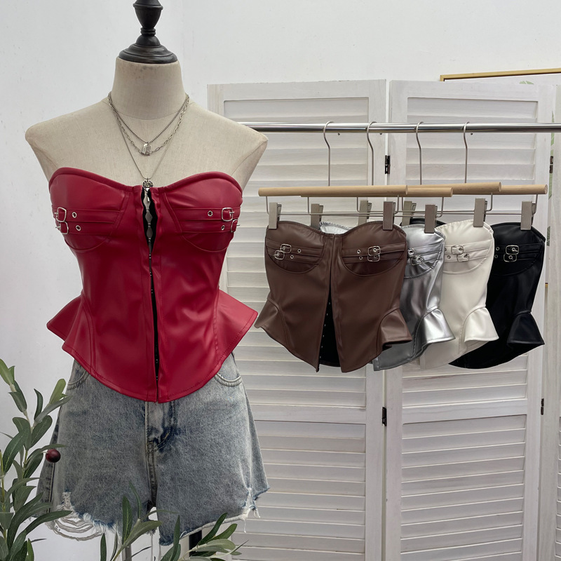 Real Shot of Sexy Tube Top with Breast Pads and Anti-Slip Strips, Waist-Cinching Pu Leather Hook Buckle Wrapped Chest Sleeveless Top for Women 2785 Real Shot of Sexy Tube Top with Breast Pads and Anti-Slip Strips, Waist-Cinching Pu Leather Hook Buckle Wrapped Chest Sleeveless Top for Women 2785