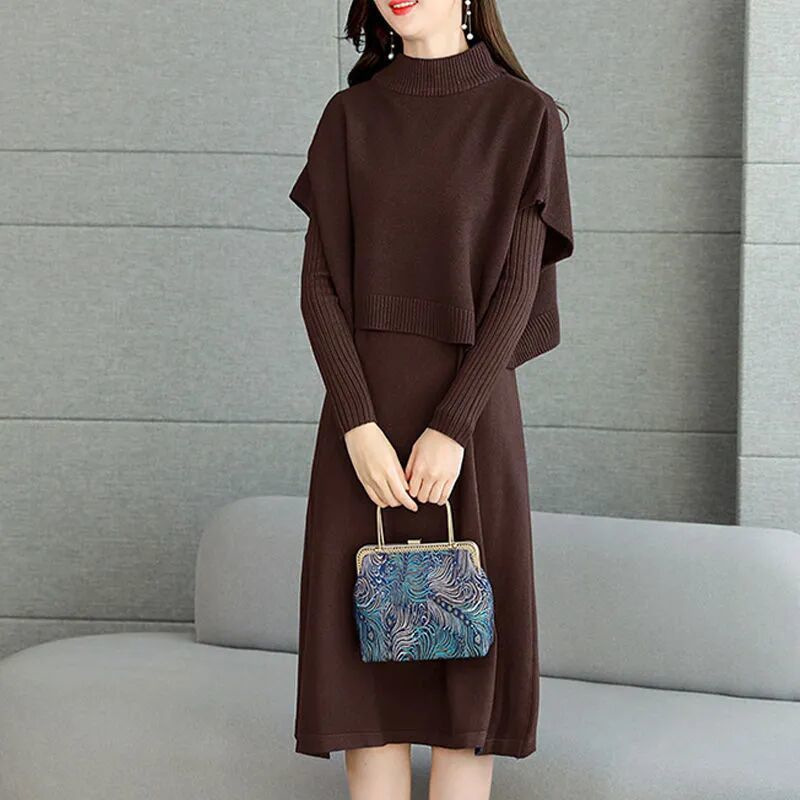 Loose Vest Dress Two-Piece Set for Women Autumn and Winter New Mid-Length Classy Pure Color Knitted Sweater Suit Skirt