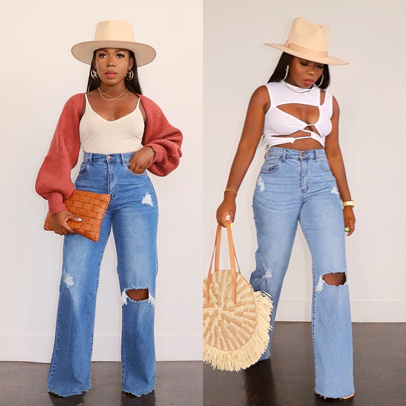 Jeans rotos nuevos de Amazon para mujer, estilo 2025, pantalones anchos lavados, pantalones largos de pierna recta en stock image 3