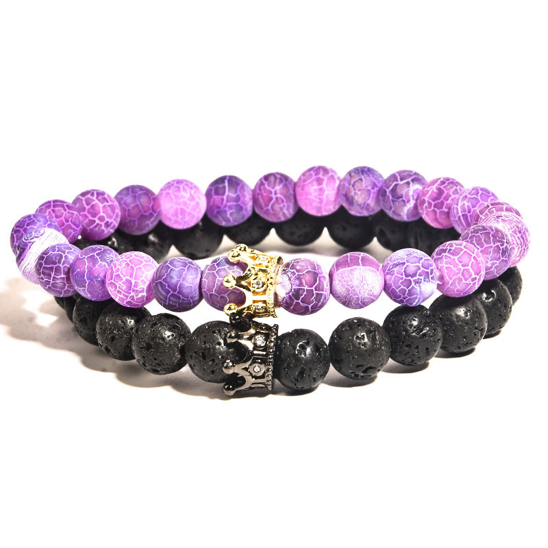 European and American Jewelry Cross-border 8MM Volcanic Stone Turquoise Wind Stone Beaded Micro-zircon Crown suit Couple Bracelet