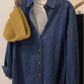 大码300斤蓝色复古牛仔衬衫外套女秋季设计感小众小个子叠穿衬衣
