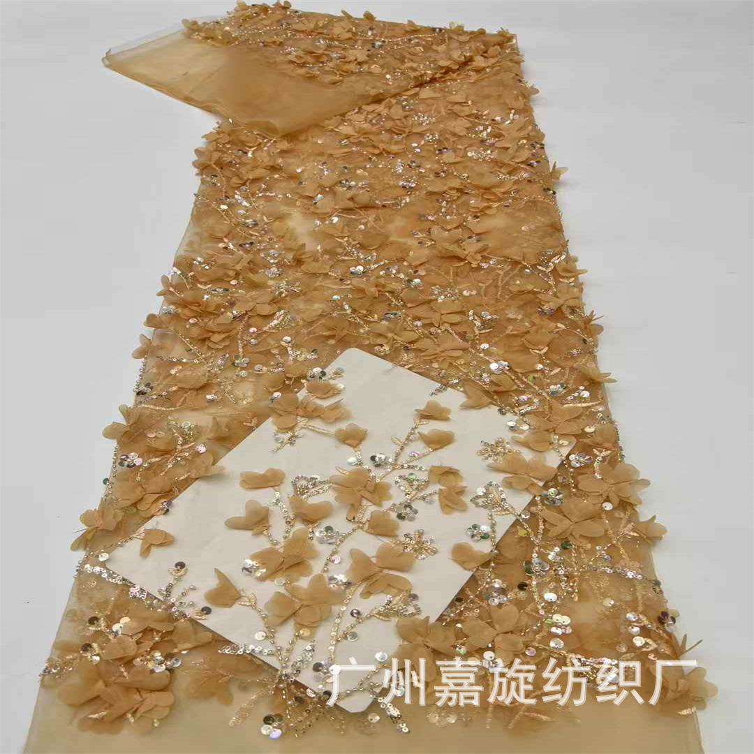 Telas 3D estéreo con encaje floral, tela de malla bordada con cuentas, tela bordada para vestido de novia.