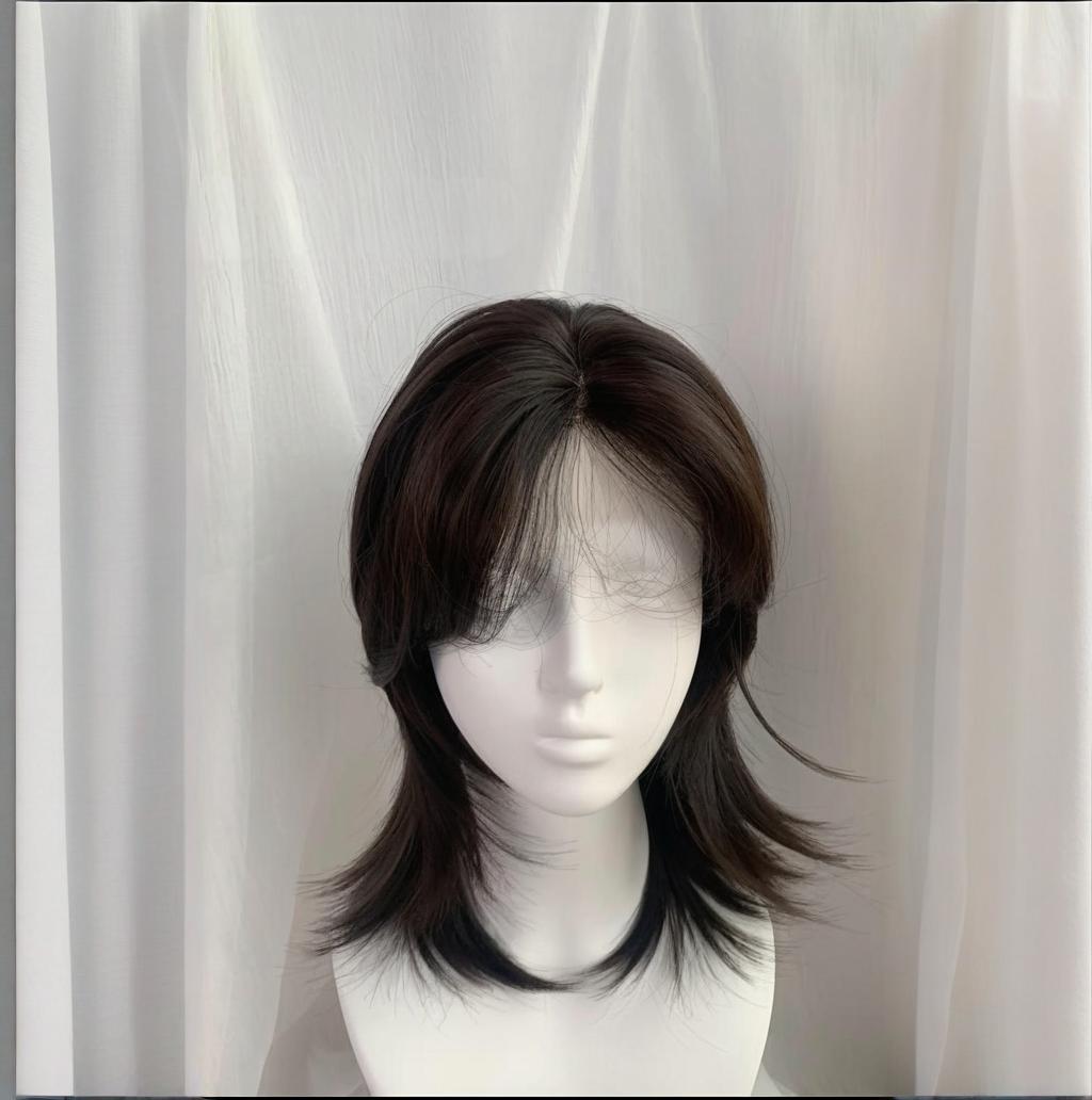 Brown and black mullet head 38cm about shoulder length