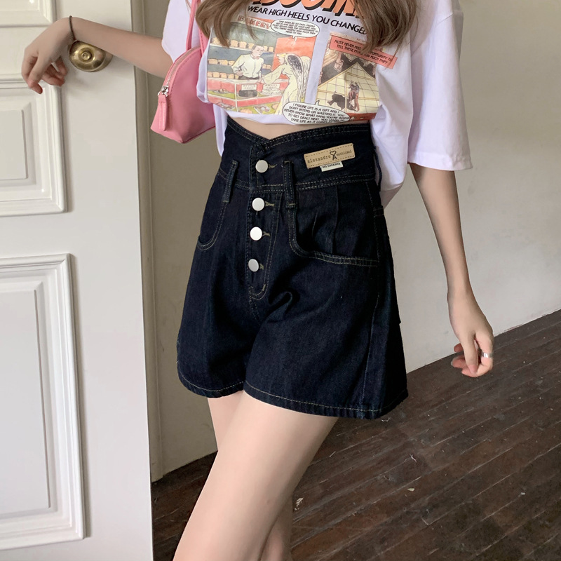 最大98 オフ ハイウエストシンブレストデニムショーツ22サマールーズaラインワイドレッグオールマッチカジュアル