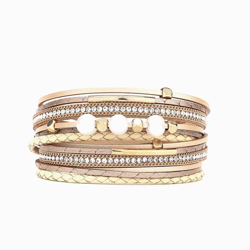 Cross-border Bracelet ins European and American Jewelry Two-circle Wear Pearl Copper Tube Magnetic Buckle Leather Bracelet Niche Fashion Accessories Cross-border Bracelet ins European and American Jewelry Two-circle Wear Pearl Copper Tube Magnetic Buckle Leather Bracelet Niche Fashion Accessories
