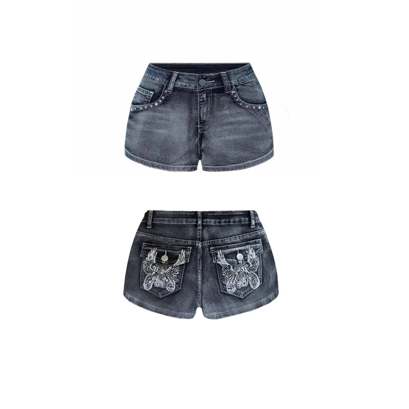 Heavy-Duty Motorcycle-Style Rhinestone-Embellished Denim Shorts for Women, Black and Gray Hot Girl Jeans, Wholesale from Source Factory