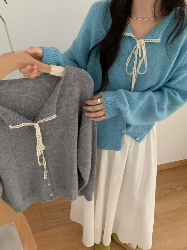 韩系系带蕾丝翻领毛衣小外套女秋冬新款纯色百搭软糯针织开衫|undefined