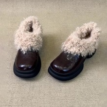 法式复古方头加绒高跟小皮鞋女2025新款秋冬季一脚蹬粗跟毛毛单鞋