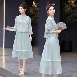 新中式国风汉服套装连衣裙女日常可穿夏季气质优雅改良旗袍两件套