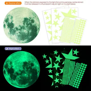 亚马逊新款跨境夜光月球星星圆点墙贴画创意荧光可移除装饰贴纸画