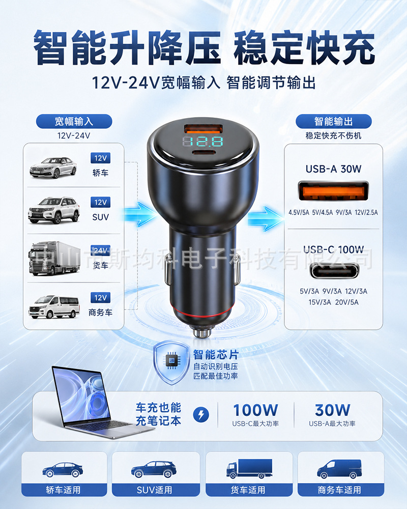130W car charger super fast charging, voltage regulation, full protocol compatibility, laptop car cigarette lighter adapter