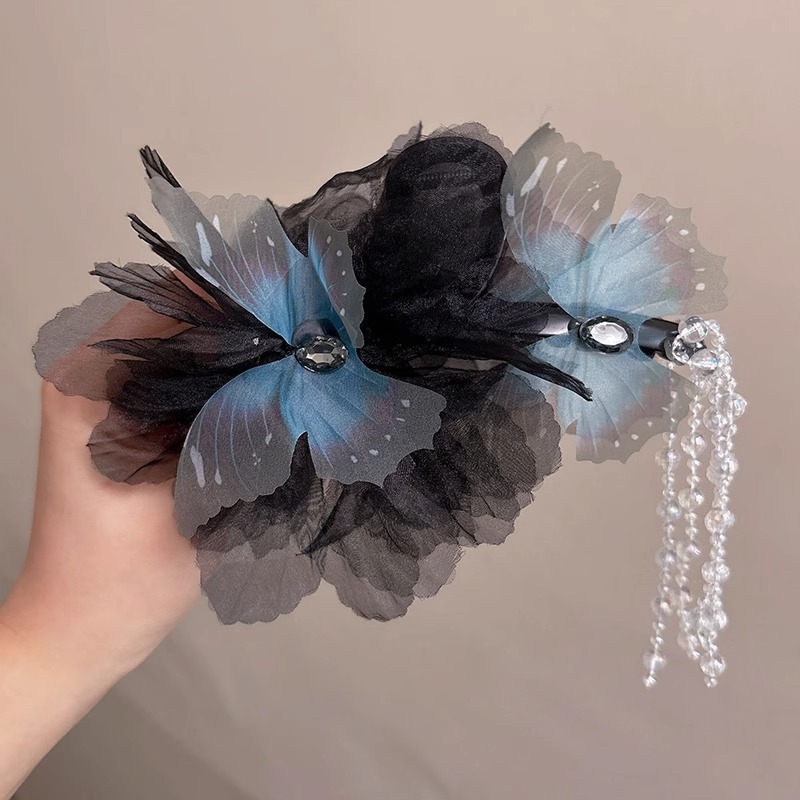 Mariposa bordilla agarrar clip de tiburón estilo antiguo clip de cabello grande más clip de tocado de malla detrás de la cabeza clip de cabello