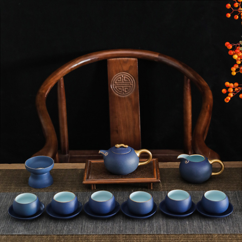 福祿如意陶瓷功夫茶具禮盒套裝 描金茶壺木把側把壺公道杯批發
