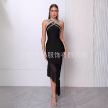 2024跨境新款重工吊带镶钻长裙设计感显瘦拼接网纱包臀连衣裙