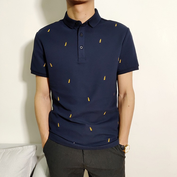 Moda de los hombres de moda verano nuevo negocio casual Polo camisa azul marino relámpago bordado de manga corta Camiseta polo camisa